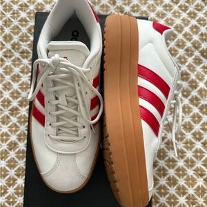 adidas White Sneakers with Red Stripes and Gum Platform